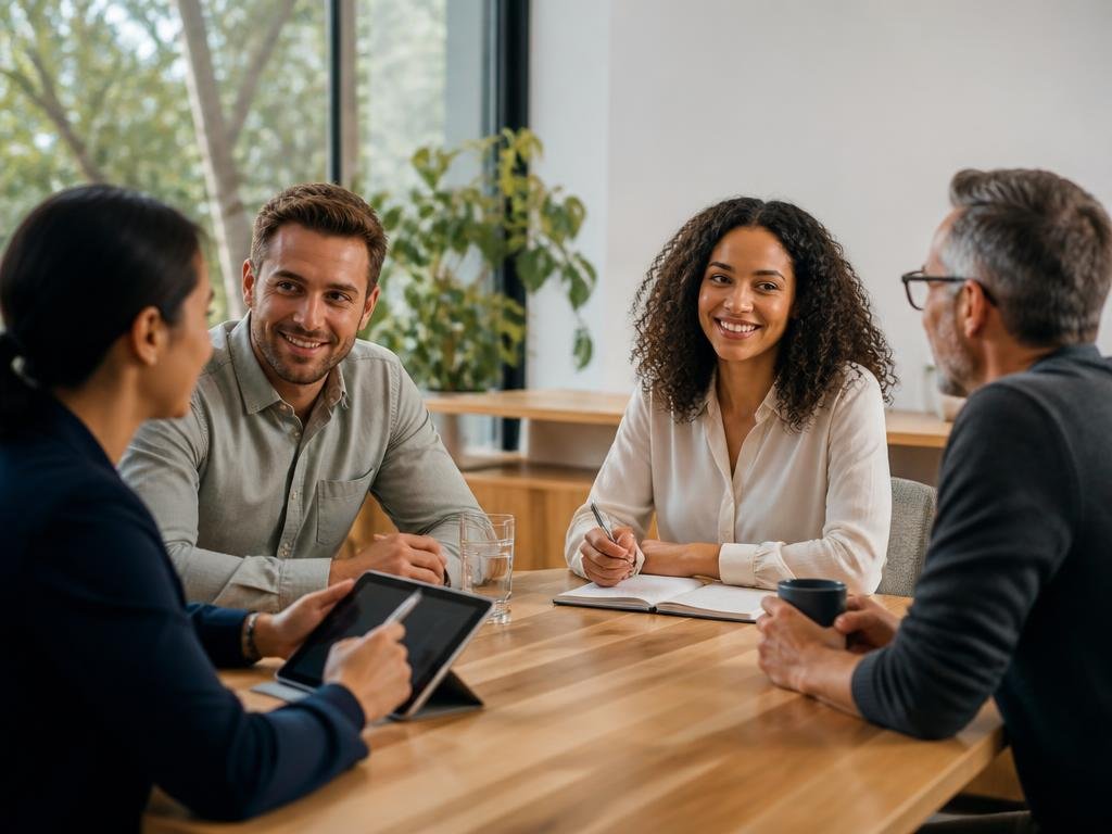 A warm team discussion around a table in a bright Western Sydney office